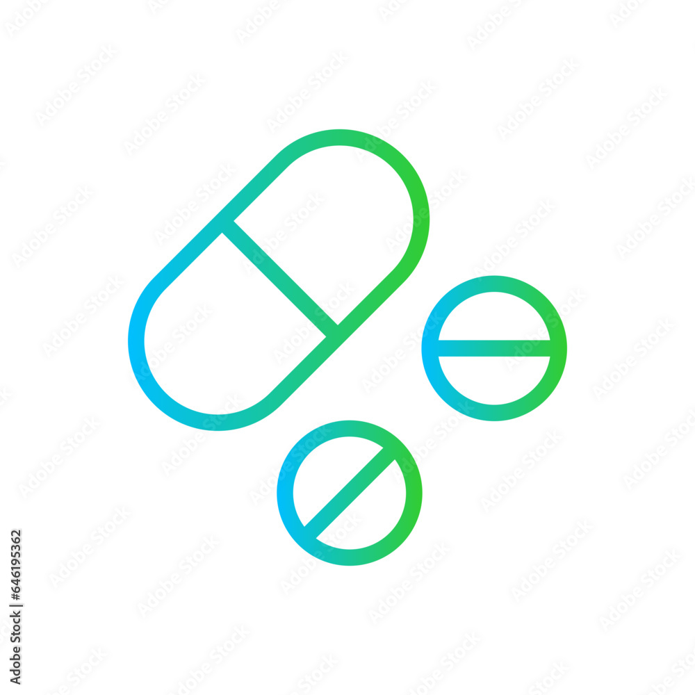 Pills medical and health icon with blue and green gradient outline style. medicine, pill, capsule, medical, drug, vitamin, health. Vector Illustration