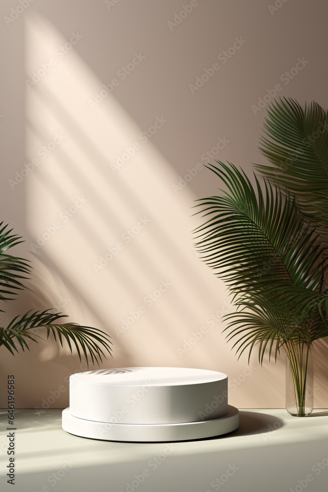 Abstract Realistic 3D Room with White Cylinder Pedestal Podium Set and Palm Leaf Shadow Overlay for Product Presentations