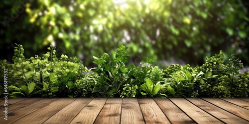 Natural harmony. Wooden floor with vibrant greenery. Summer garden vibes. Fresh leaves. Sunny serenity. Empty table with blur green background © Thares2020