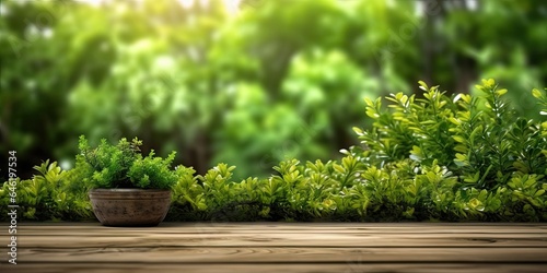Natural harmony. Wooden floor with vibrant greenery. Summer garden vibes. Fresh leaves. Sunny serenity. Empty table with blur green background © Thares2020