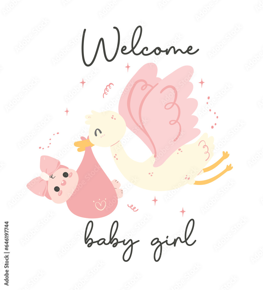 Cute Baby Girl Shower, stork with baby newborn. Perfect for invitaion greeting card, welcoming the little one into the family. Cute Baby Girl Shower, stork with baby newborn. Perfect for invitaion greeting card, welcoming the little one into the family.