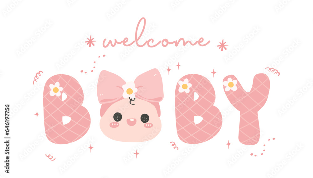 Cute Baby Girl Shower in pink, Welcome baby girl banner, Perfect for invitaion greeting card, welcoming the little one into the family.