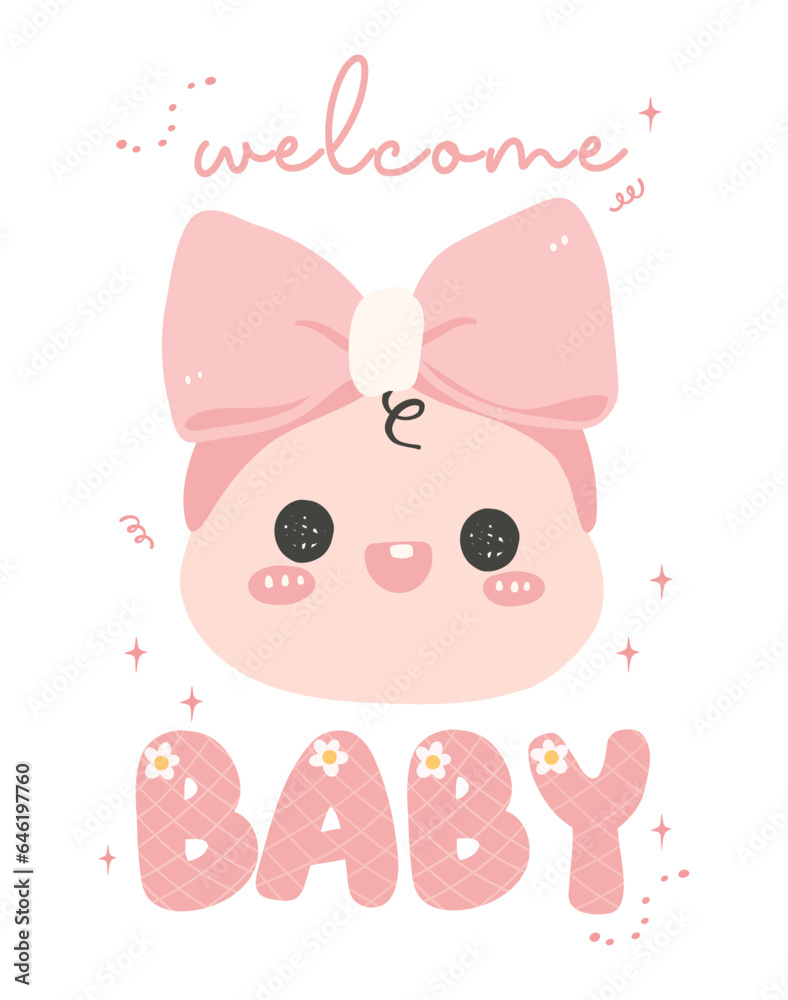Cute Baby Girl Shower in pink, Welcome baby girl with adorable newborn happy face, Perfect for invitaion greeting card, welcoming the little one into the family. Cute Baby Girl Shower in pink, Welcome baby girl with adorable newborn happy face, Perfect for invitaion greeting card, welcoming the little one into the family.