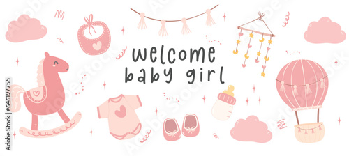 Cute Baby Girl Shower in pink, Welcome baby girl with adorable newborn accessories cartoon hand drawing. Perfect for invitaion greeting card, welcoming the little one into the family.