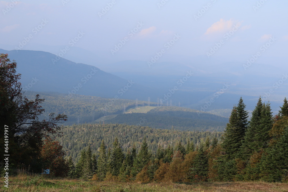 Electrical network and mountains. Landscape of mountains in summer. Panorama and view of a valley and mountains with electrical cable.