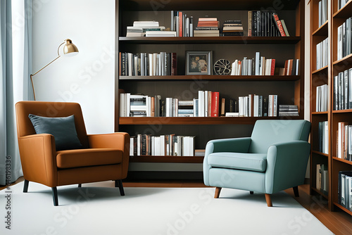 Bookcase with armchair in modern interior of room © Nyetock