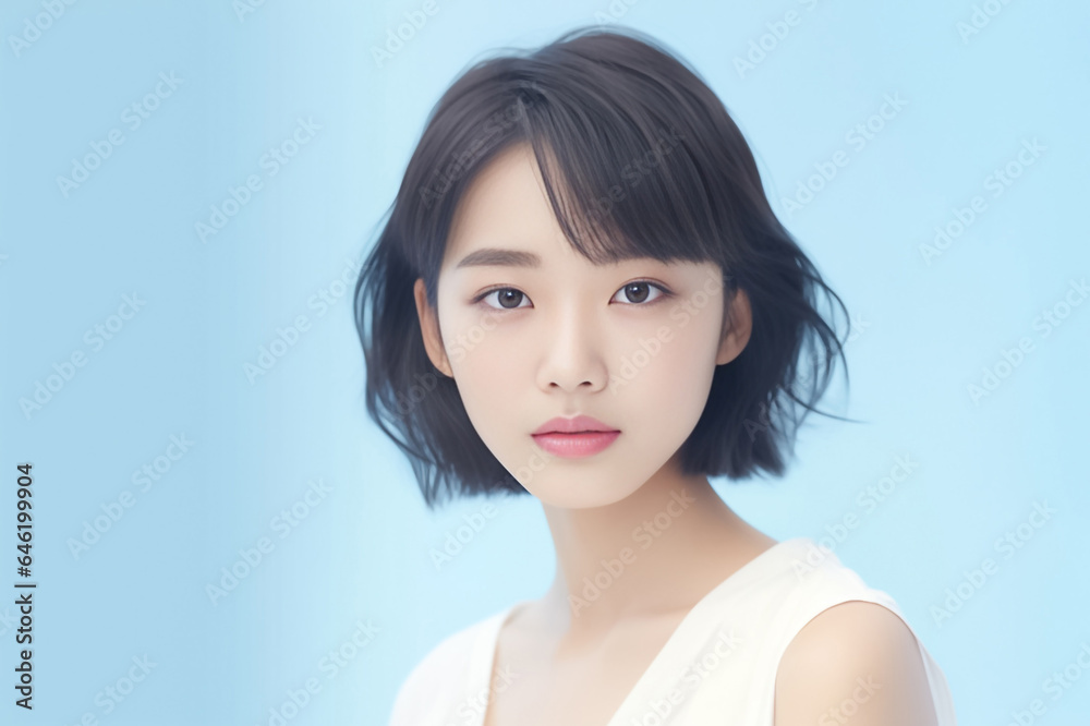 Close-up portrait of woman nice attractive lovely pretty cheerful cheery glad wavy-haired girl folded arms isolated over nude pastel color background. Generative AI. Close-up portrait of woman nice attractive lovely pretty cheerful cheery glad wavy-haired girl folded arms isolated over nude pastel color background. Generative AI.