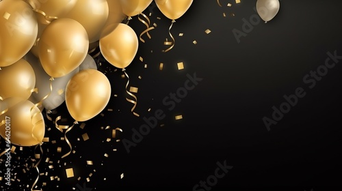 Gold,white,silver,black balloons and falling foil confetti on black background for writing space.Generative AI