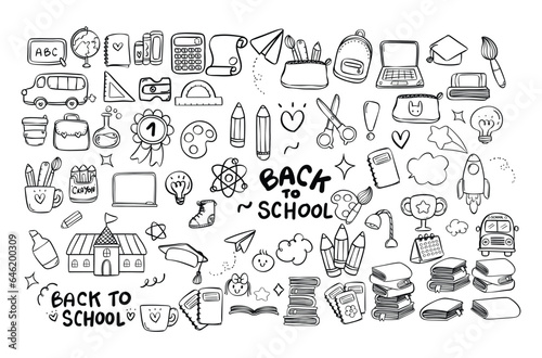 Cute back to school school supplies and education doodle outline hand drawn collection. Perfect for decorating prints  cards  invitations  and a variety of paper crafts.
