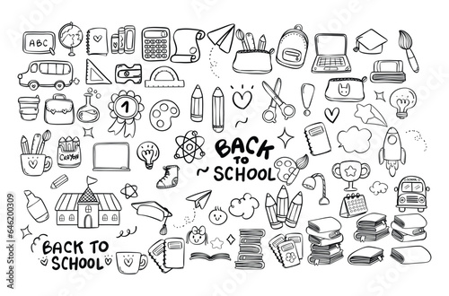 Cute back to school school supplies and education doodle outline hand drawn collection. Perfect for decorating prints, cards, invitations, and a variety of paper crafts.