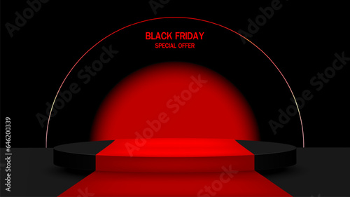Black Friday Sale Concept. Stage podium decoration with Red carpet on modern round wall background. Pedestal empty for decor for Product, Advertising, Show, Award. Minimal style. Vector illustration.