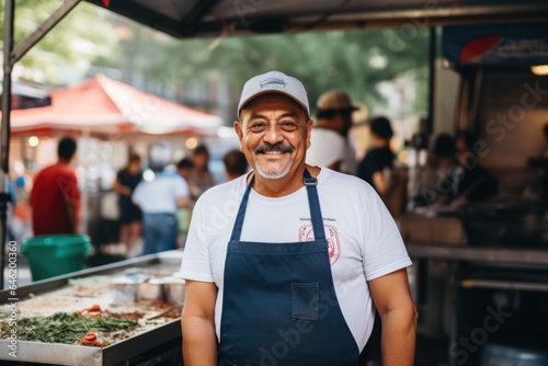 Smiling portrait of a middle aged mexican food truck owner working in his food truck in the city © Baba Images