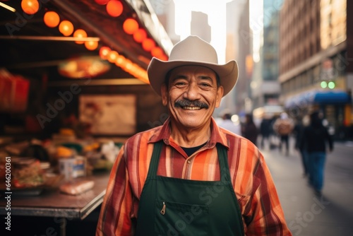 Smiling portrait of a middle aged mexican food truck owner working in his food truck in the city