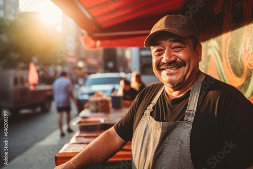 Smiling portrait of a middle aged mexican food truck owner working in his food truck in the city