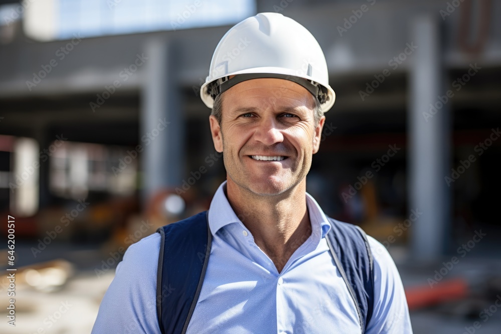 Smiling portrait of a happy white male developer or architect working on a construction site Smiling portrait of a happy white male developer or architect working on a construction site