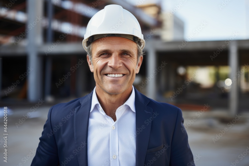 Smiling portrait of a happy white male developer or architect working on a construction site Smiling portrait of a happy white male developer or architect working on a construction site