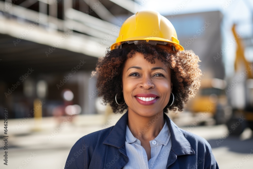 Smiling portrait of a happy female african american developer with a hard hat on a construction site Smiling portrait of a happy female african american developer with a hard hat on a construction site