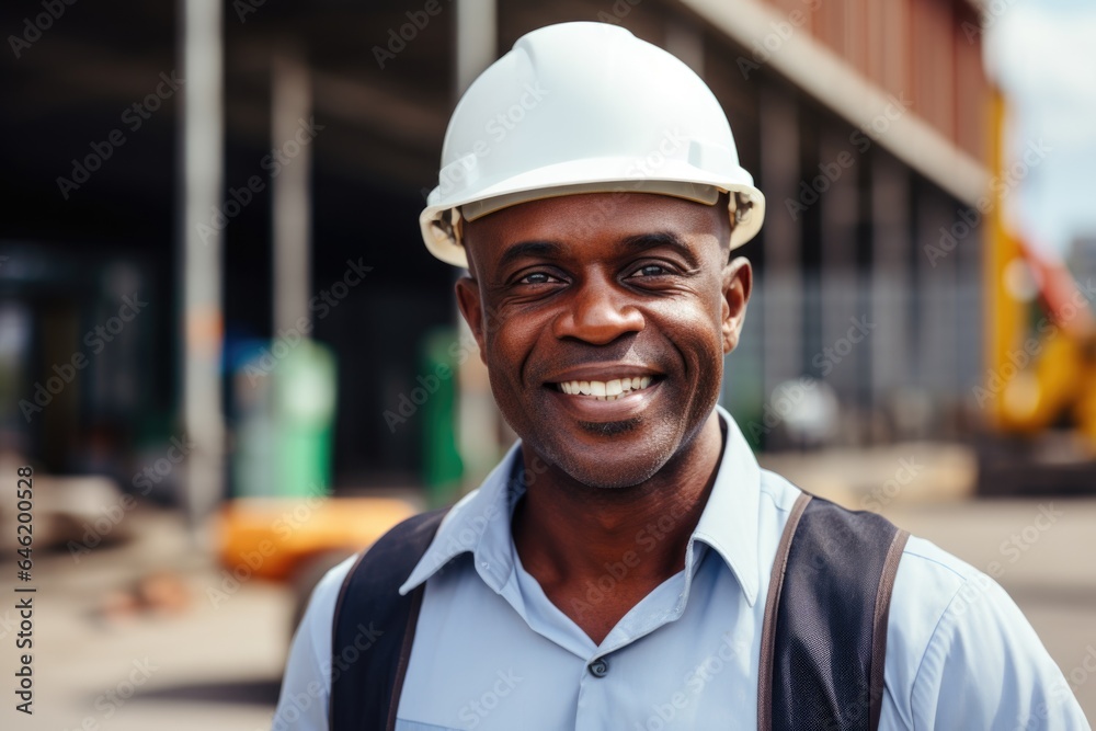 Smiling portrait of a happy male african american architect or developer working on a construction site