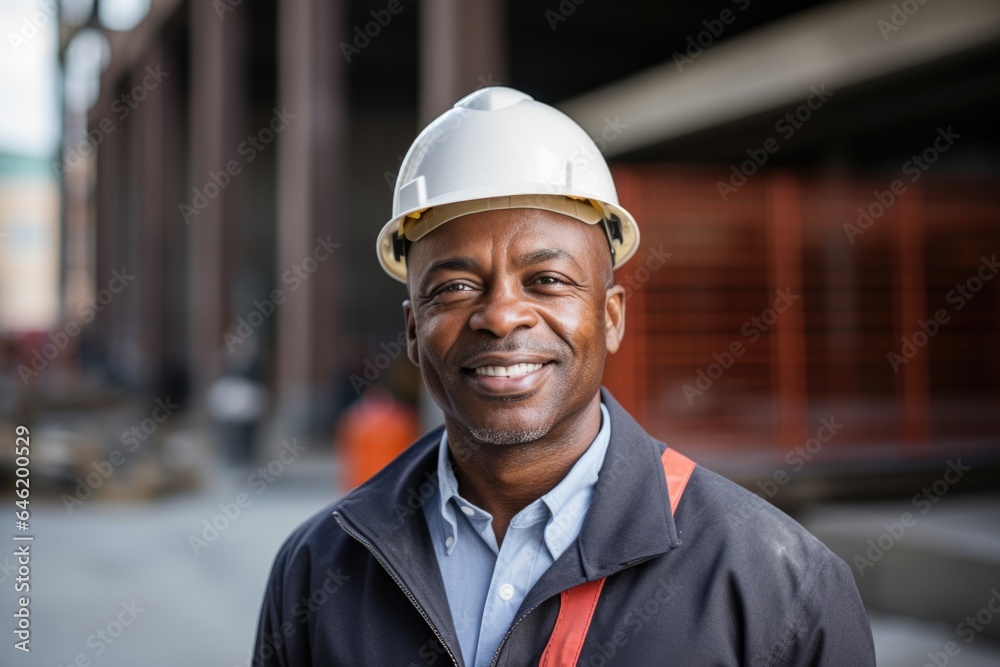 Smiling portrait of a happy male african american architect or developer working on a construction site Smiling portrait of a happy male african american architect or developer working on a construction site