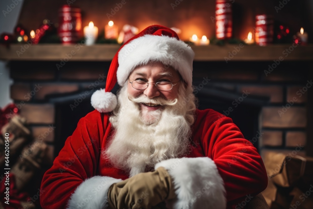 Smiling santa claus in a cozy home with a fireplace decorated for christmas and the new year holiday Smiling santa claus in a cozy home with a fireplace decorated for christmas and the new year holiday