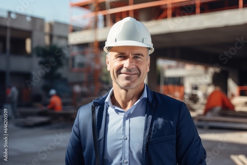 Smiling portrait of a happy white male developer or architect working on a construction site