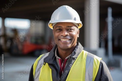Smiling portrait of a happy male african american architect or developer working on a construction site © Baba Images