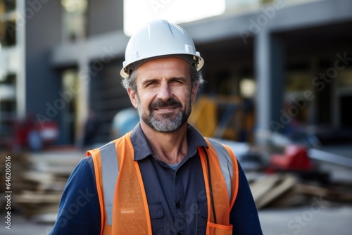 Smiling portrait of a happy white male developer or architect working on a construction site