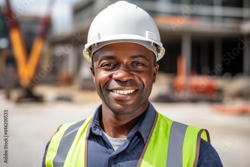 Smiling portrait of a happy male african american architect or developer working on a construction site