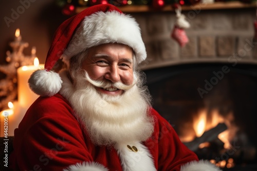 Smiling santa claus in a cozy home with a fireplace decorated for christmas and the new year holiday