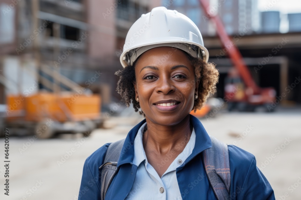 Smiling portrait of a happy female african american developer or architect with a hard hat on a construction site Smiling portrait of a happy female african american developer or architect with a hard hat on a construction site