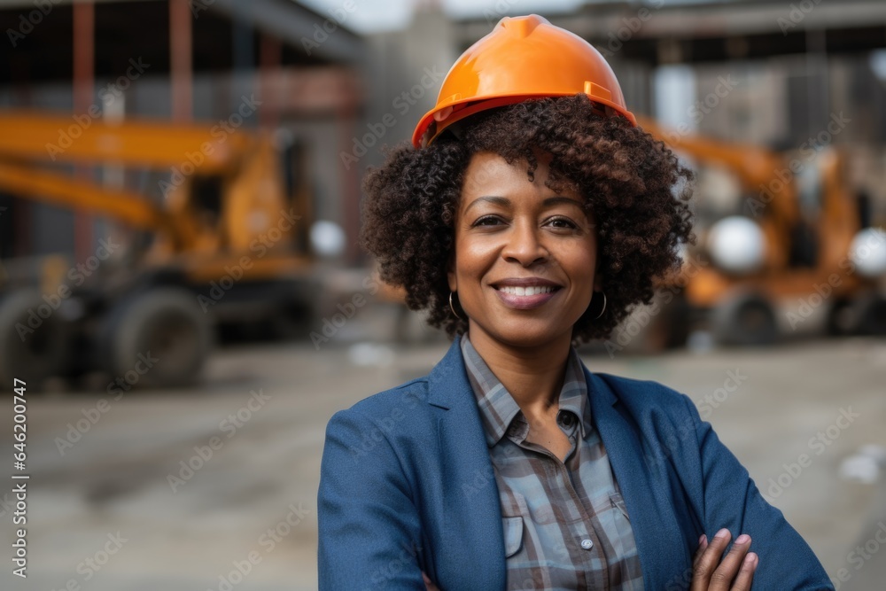 Smiling portrait of a happy female african american developer or architect with a hard hat on a construction site Smiling portrait of a happy female african american developer or architect with a hard hat on a construction site