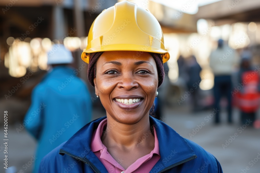 Smiling portrait of a happy female african american developer or architect with a hard hat on a construction site Smiling portrait of a happy female african american developer or architect with a hard hat on a construction site