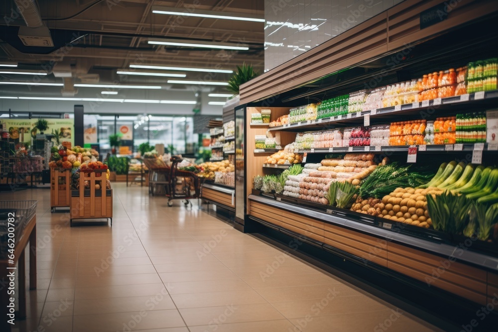 Interior of a supermarket or grocery store without people - obrazy, fototapety, plakaty 