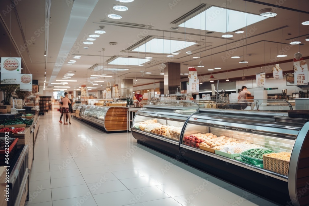 Interior of a supermarket or grocery store without people