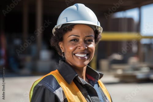 Smiling portrait of a happy female african american developer or architect with a hard hat on a construction site