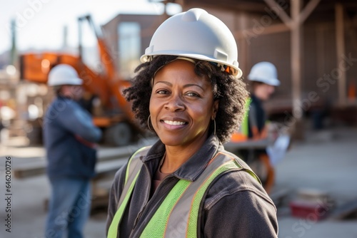 Smiling portrait of a happy female african american developer or architect with a hard hat on a construction site © Baba Images