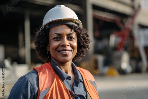 Smiling portrait of a happy female african american developer or architect with a hard hat on a construction site