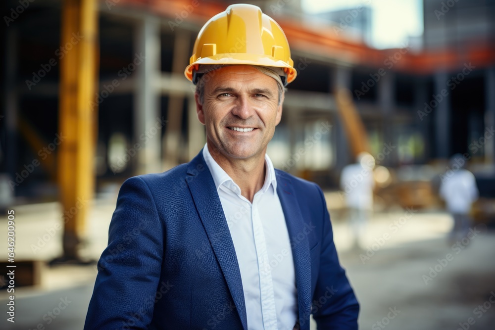 Smiling portrait of a happy male british developer or architect working on a construction site Smiling portrait of a happy male british developer or architect working on a construction site