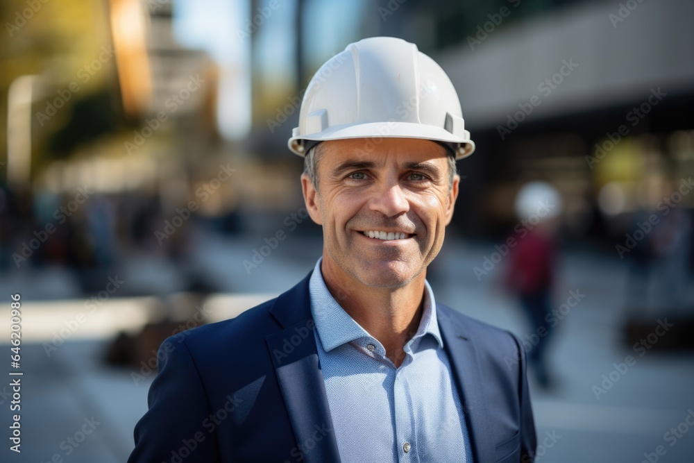 Smiling portrait of a happy male german developer or architect working on a construction site Smiling portrait of a happy male german developer or architect working on a construction site