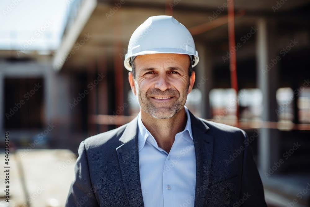Smiling portrait of a happy male german developer or architect working on a construction site Smiling portrait of a happy male german developer or architect working on a construction site