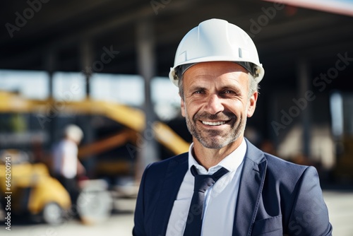Smiling portrait of a happy male british developer or architect working on a construction site
