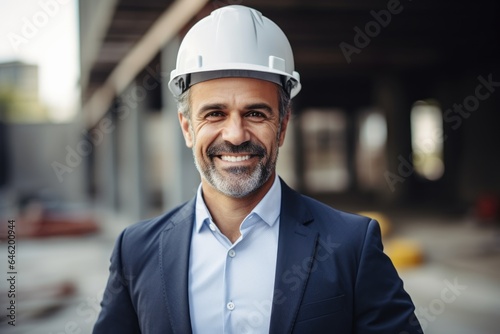 Smiling portrait of a happy male norvegian developer or architect working on a construction site