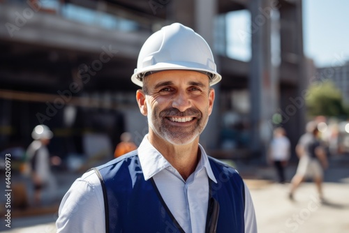 Smiling portrait of a happy male german developer or architect working on a construction site