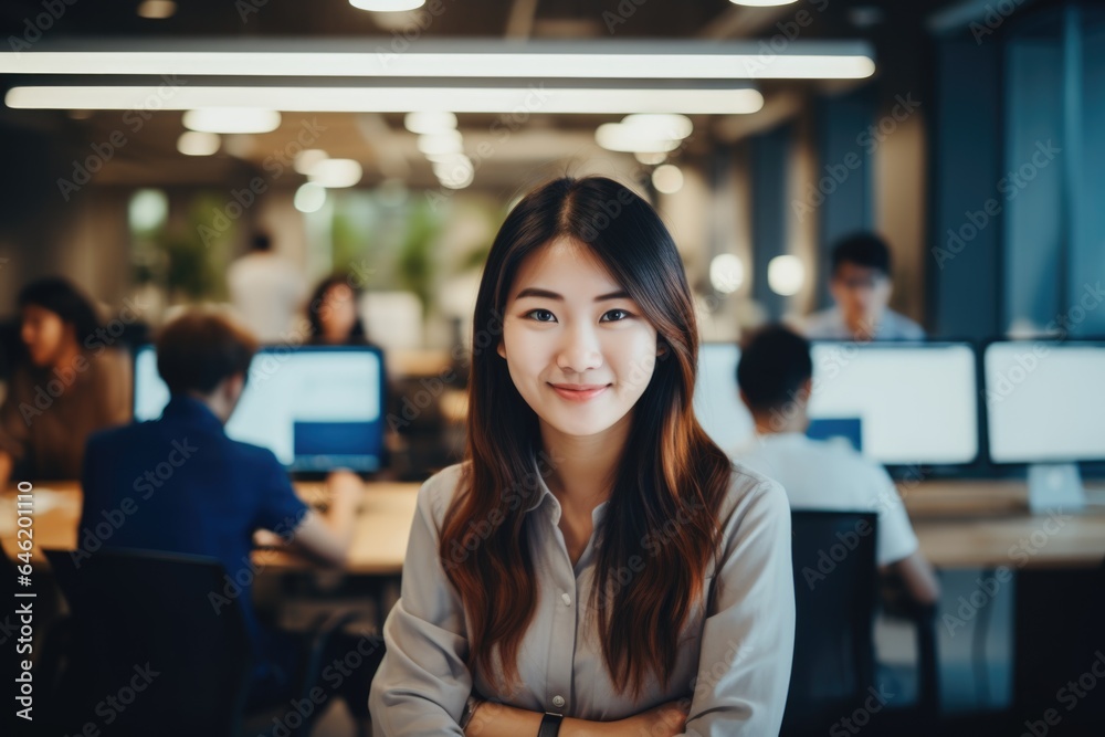 Smiling portrait of a happy asian woman working for a modern startup company in a business office