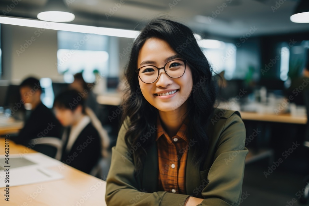 Smiling portrait of a happy asian woman working for a modern startup company in a business office