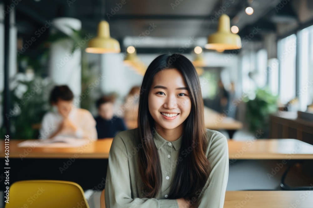 Smiling portrait of a happy asian woman working for a modern startup company in a business office Smiling portrait of a happy asian woman working for a modern startup company in a business office