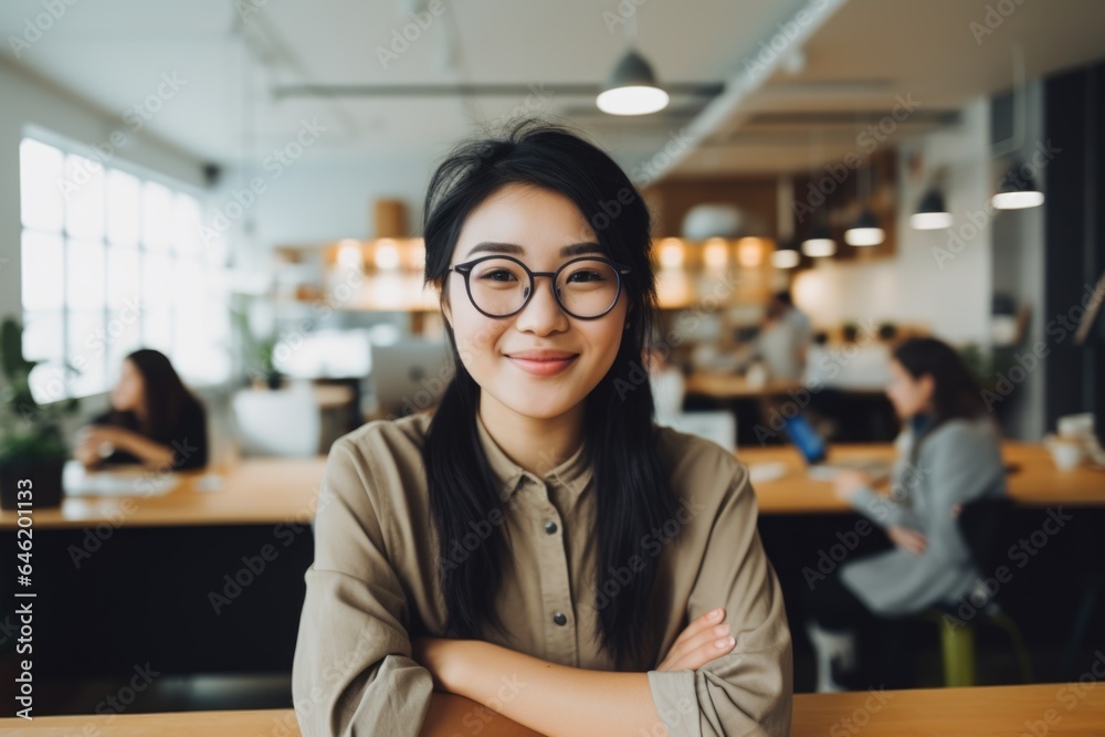Smiling portrait of a happy asian woman working for a modern startup company in a business office