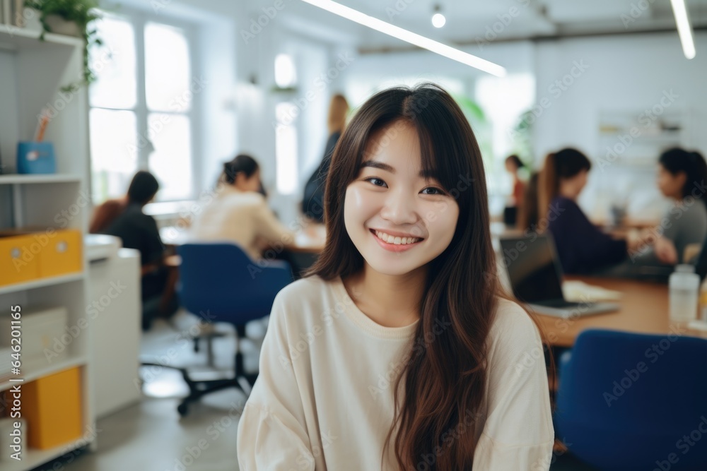 Smiling portrait of a happy korean woman working for a modern startup company in a business office Smiling portrait of a happy korean woman working for a modern startup company in a business office