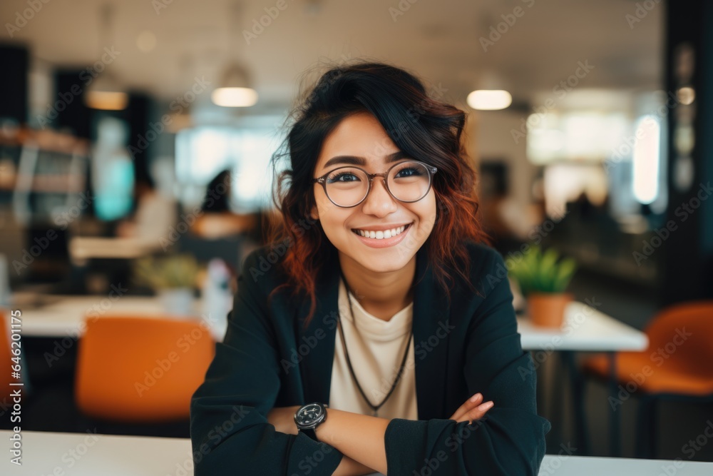 Smiling portrait of a happy korean woman working for a modern startup company in a business office Smiling portrait of a happy korean woman working for a modern startup company in a business office