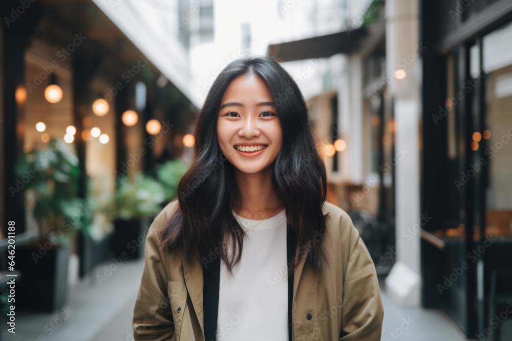 Smiling portrait of a happy korean woman working for a modern startup company in a business office